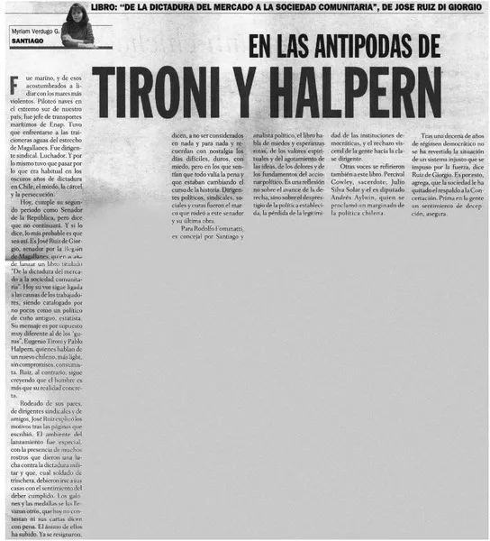 En las antipodas de Tironi y Halpern  [artículo] Myriam Verdugo G.