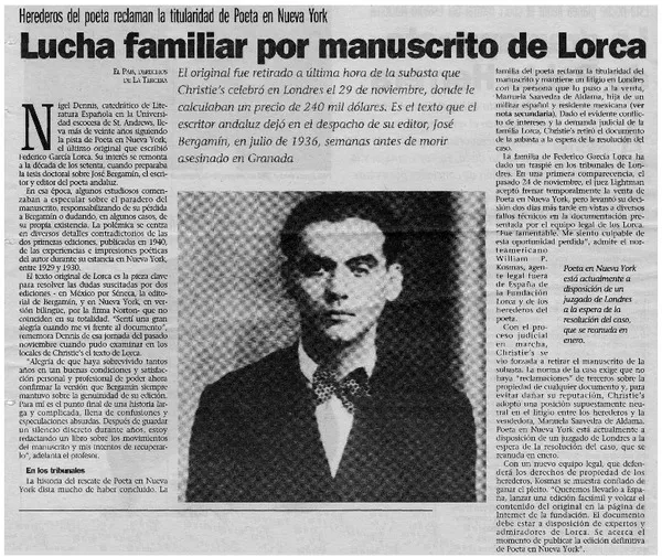 Lucha familiar por manscrito de Lorca.  [artículo]