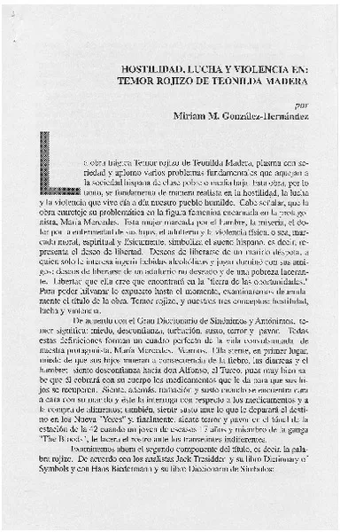 Hostilidad, lucha y violencia en, Temor rojizo de Teonilda Madera  [artículo] Miriam M. González-Hernández.