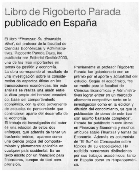 Libro de Rigoberto Parada publicado en España  [artículo]