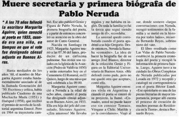 Muere secretaria y primera biógrafia de Pablo Neruda  [artículo]