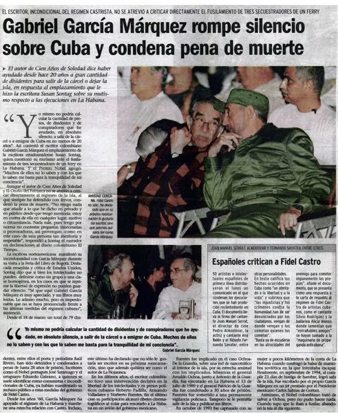 Gabriel García Márquez rompe silencio sobre Cuba y condena pena de muerte.  [artículo]