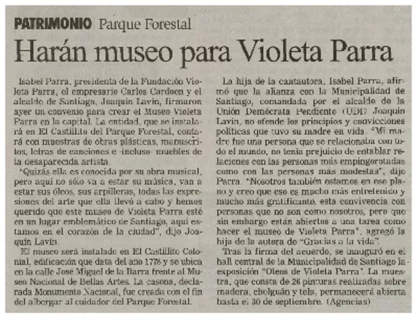 Harán museo para Violeta Parra.  [artículo]