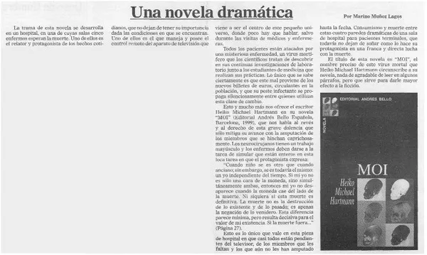 Una novela dramática  [artículo] Marino Muñoz Lagos.