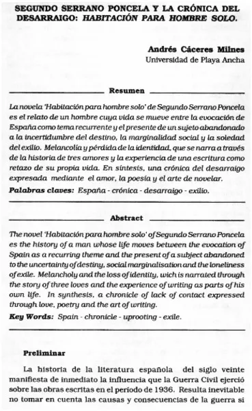 Segundo Serrano Poncela y la crónica del desarraigo: Habitación para hombre solo  [artículo] Andrés Cáceres Milnes.