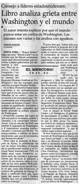 Libro analiza grieta entre Washinston y el mundo  [artículo] Carolina Aguilera.