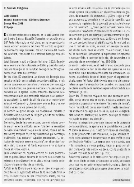 El sentido religioso  [artículo] Antonio Giacona.