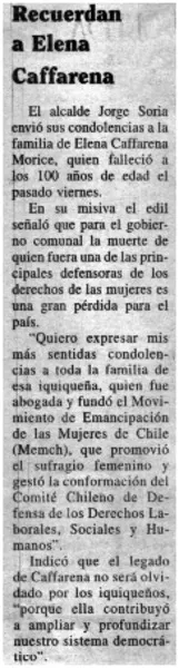 Recuerdan a Elena Caffarena.  [artículo]
