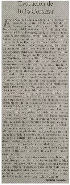 Evocación de Julio Cortázar  [artículo] Ramón Riquelme.