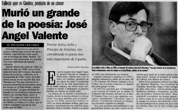 Murió un grande de la poesía: José Angel Valente.  [artículo]