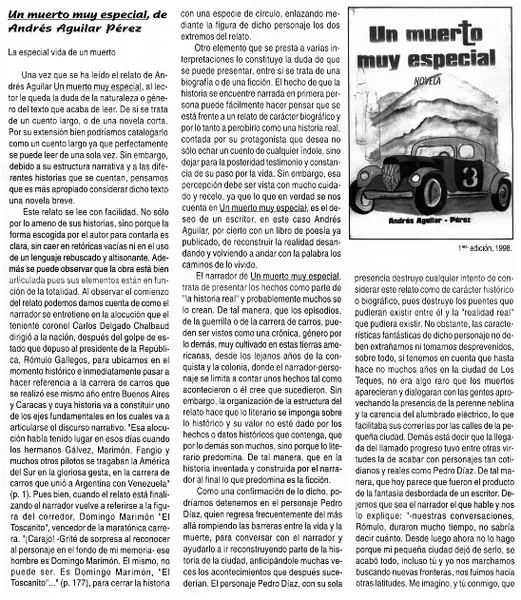 Un muerto muy especial, Andrés Aguilar Pérez  [artículo] Armando Hernández Quintero.