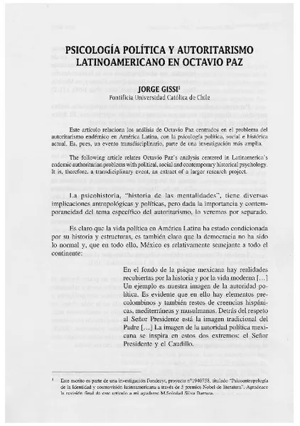 Psicología política y autoritarismo latinoamericano en Octavio Paz  [artículo] Jorge Gissi.