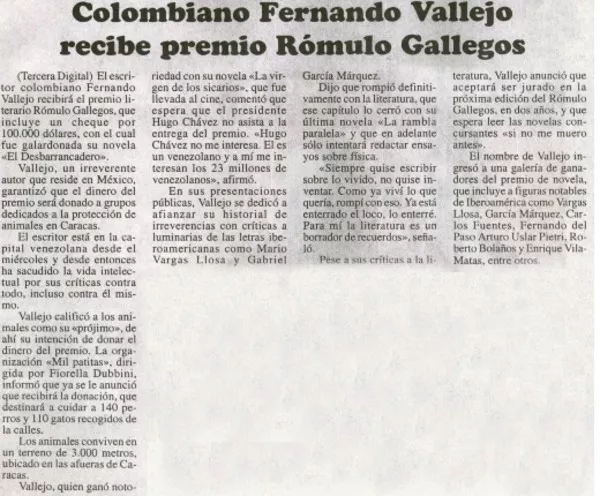 Colombiano Fernando Vallejo recibe premio Rómulo Gallegos.  [artículo]