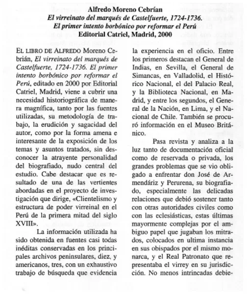 El virreinato del marqués de Castelfuerte, 1724-1736 : el primer intento borbónico por reformar el Perú [artículo] Juan Guillermo Muñoz.