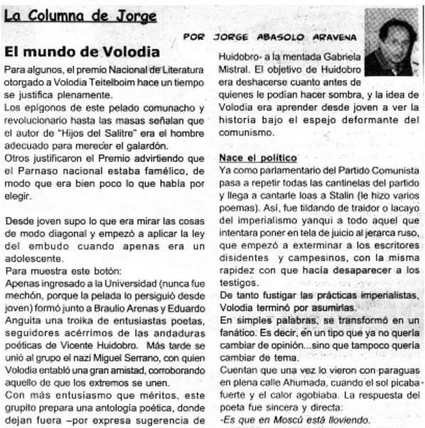 El mundo de Volodia  [artículo] Jorge Abasolo Aravena.