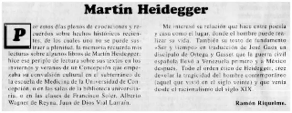 Martín Heidegger  [artículo] Ramón Riquelme.