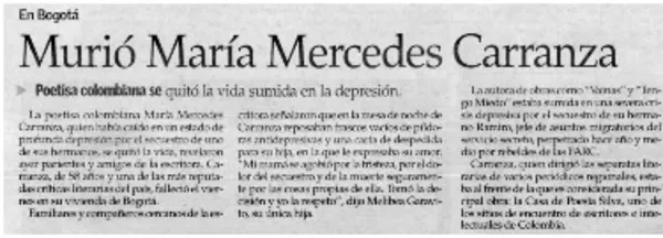 Murió María Mercedes Carranza.  [artículo]