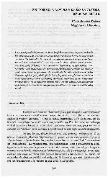 En torno a nos han dado la tierra, de Juan Rulfo  [artículo] Víctor Barrera Enderle.