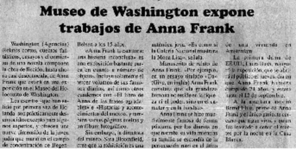 Museo de Washington expone trabajos de Anna Frank.  [artículo]