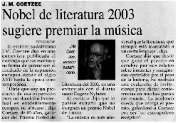 Nobel de literatura 2003 sugiere premiar la música  [artículo]