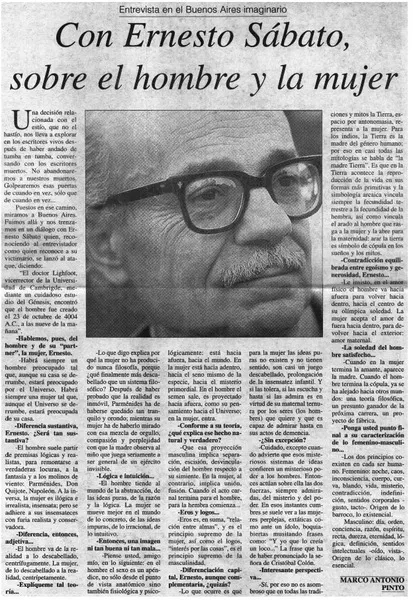 Con Ernesto Sábato, sobre el hombre y la mujer  [artículo] Marco Antonio Pinto.