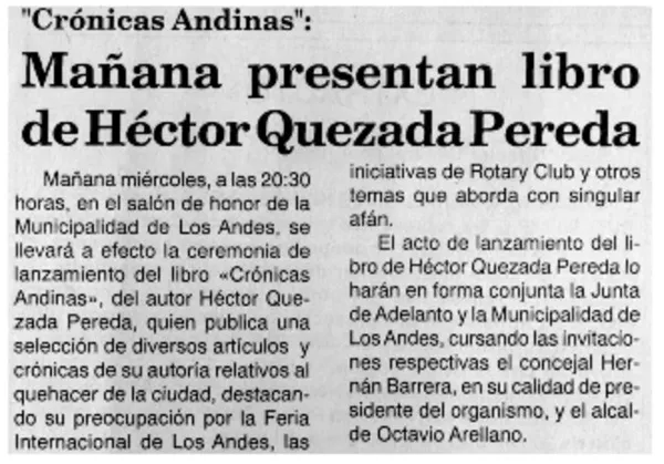 "Crónica Andinas" mañana presentan libro de Héctor Quezada Pereda.  [artículo]