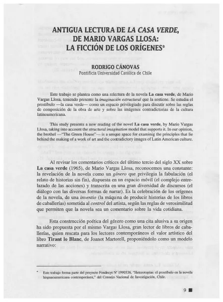 Antigua lectura de La casa verde, de Mario Vargas Llosa, la ficción de los orígenes  [artículo] Rodrigo Cánovas.