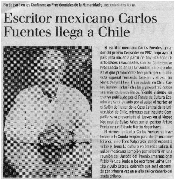 Escritor mexicano Carlos Fuentes llega a Chile  [artículo]