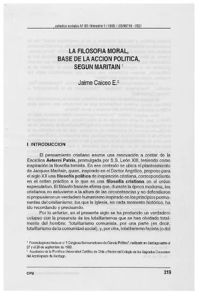 La filosofía moral, base de la acción política, según Maritain  [artículo] Jaime Caiceo E.