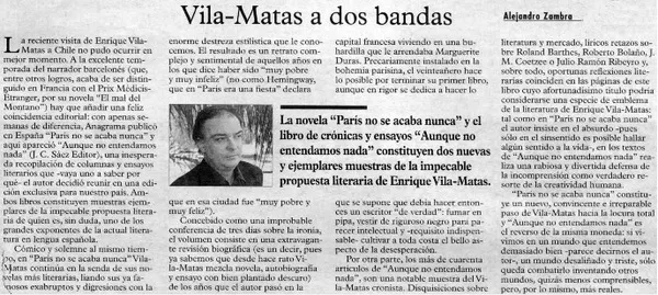 Vila-Matas a dos bandas  [artículo] Alejandro Zambra.