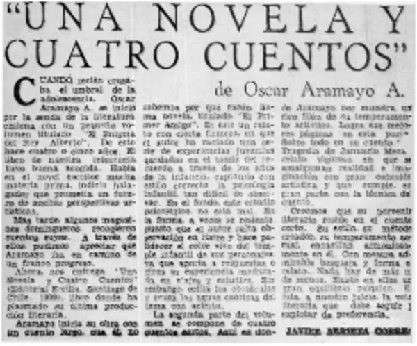 Una novela y cuatro cuentos"  [artículo] Javier Arrieta Correa.