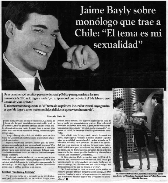 Jaime Bayly sobre monólogo que trae a Chile : "El tema es mi sexualidad"  [artículo] Marcela Soto Q.