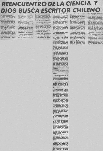 Reencuentro de la ciencia y Dios busca escritor chileno.  [artículo]