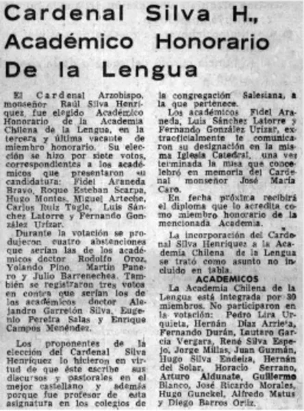 Cardenal Silva H., Académico Honoraro de la Lengua.  [artículo]