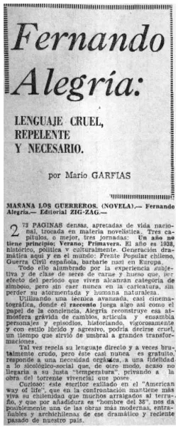 Fernando Alegría: lenguaje cruel, repelente y necesario [artículo] Mario Garfias.