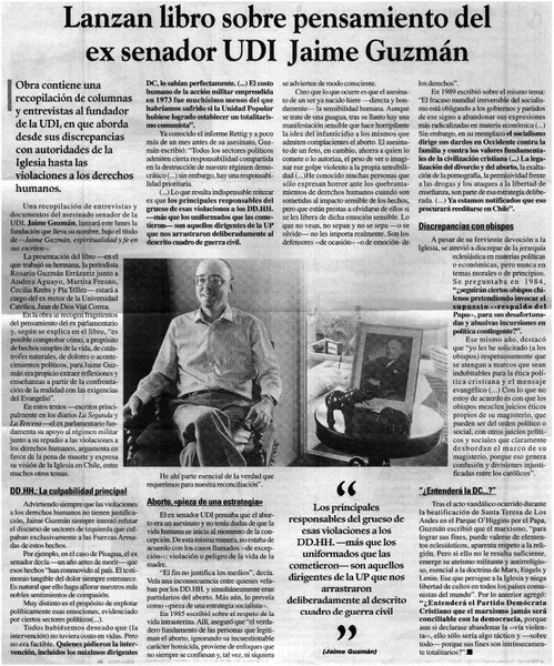 Lanzan libro sobre pensamiento del ex senador UDI Jaime Guzmán.  [artículo]