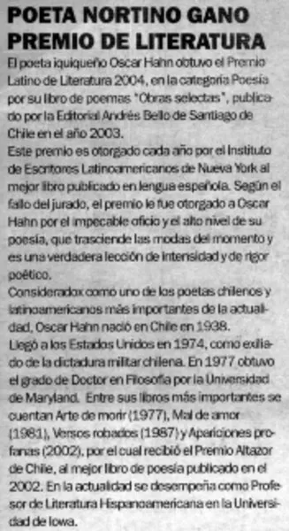 Poeta nortino ganó Premio de Literatura.  [artículo]