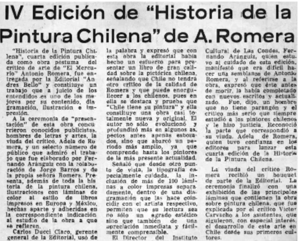 IV Edición de "Historia de la Pintura Chilena" de A. Romera.  [artículo]