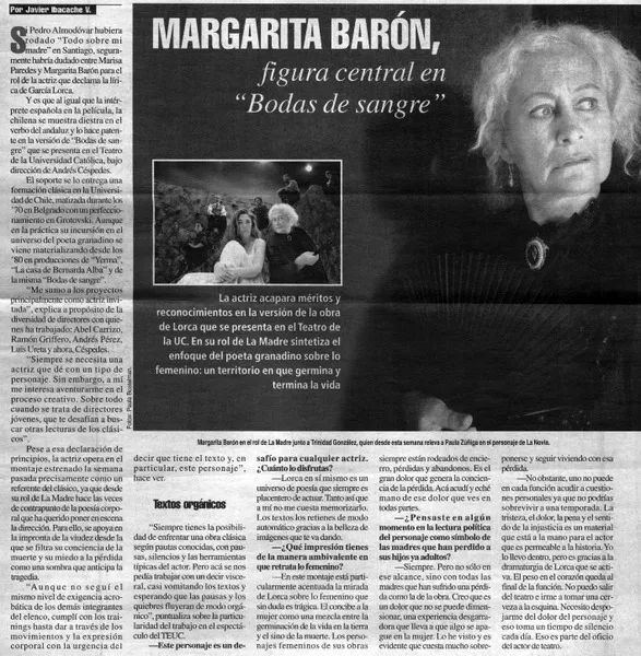 Margarita Barón, figura central en "Bodas de sangre"  [artículo] Javier Ibacache V.