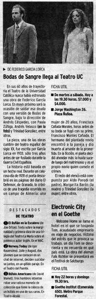 Bodas de sangre llega al Teatro UC.  [artículo]