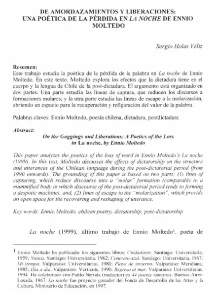 De amordazamientos y liberaciones, una poética de la pérdida en La noche de Ennio Moltedo  [artículo] Sergio Holas Véliz.