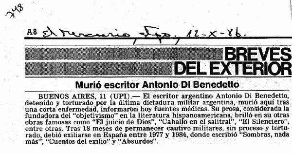 Murió escritor Antonio Di Benedetto.  [artículo]