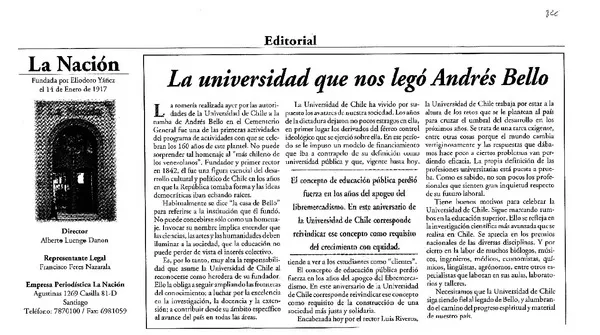 La universidad que nos legó Andrés Bello.  [artículo]