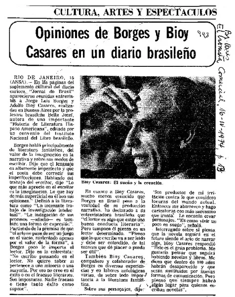 Opiniones de Borges y Bioy Casares en un diario brasileño.  [artículo]