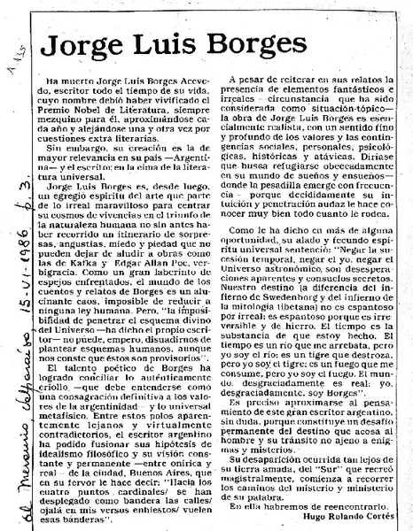 Jorge Luis Borges  [artículo] Hugo Rolando Cortés.