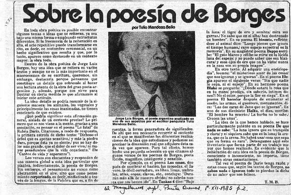 Sobre la poesía de Borges  [artículo] Tulio Mendoza Bello.