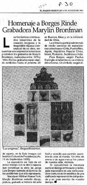 Homenaje a Borges rinde grabadora Marylin Bronfman.  [artículo]
