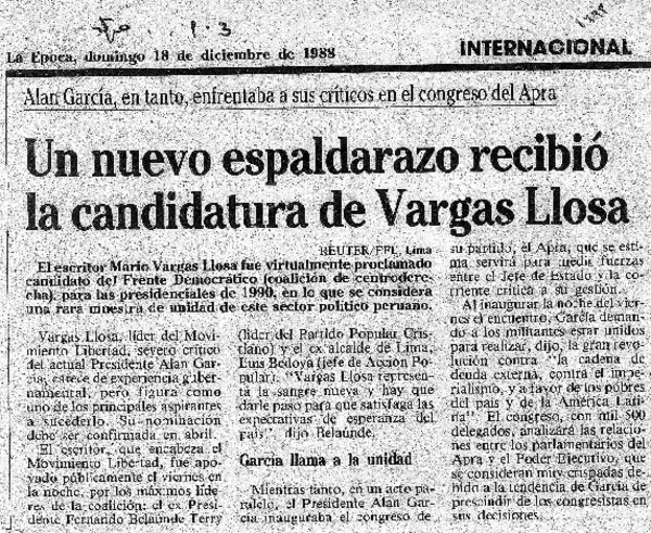 Un nuevo espaldarazo recibió la candidatura de Vargas Llosa.  [artículo]