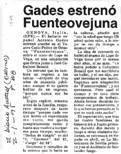 Gades estrenó Fuenteovejuna.  [artículo]