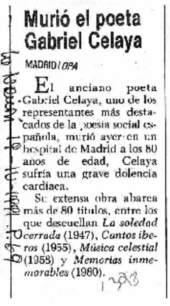 Murió el poeta Gabriel Celaya.  [artículo]
